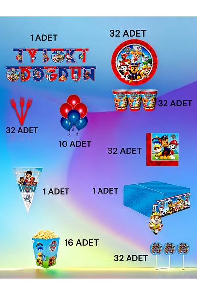 VibeHome 32 Person Paw Patrol Themed Ultra Luxury Set - Birthday Party and Fun Events