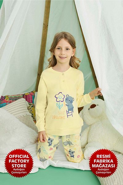 Aydoğan Yellow Pajamas Set for Girls - 100% Cotton, Long Sleeve, A13-2 Model - Aydogan ®
