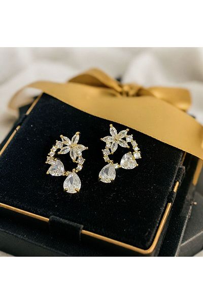 MR Diamond and Flower Figure Steel Zircon Stone Earrings