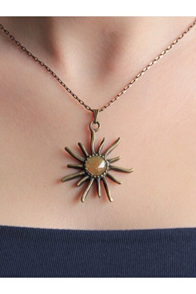 esha Doğal Taş Sitrin Doğal Taşlı Güneş Desen Kadın Doğal Taş Otantik Kolye e...