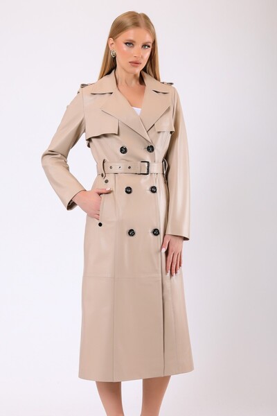 Leather Club Bej Celine Hakiki Deri Trench Kaban