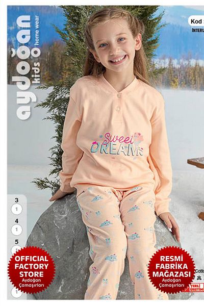 Aydoğan 100% Cotton Powder Pink Long Sleeve Pajamas Set for Girl - A9-2 -1715 - Aydogan ®