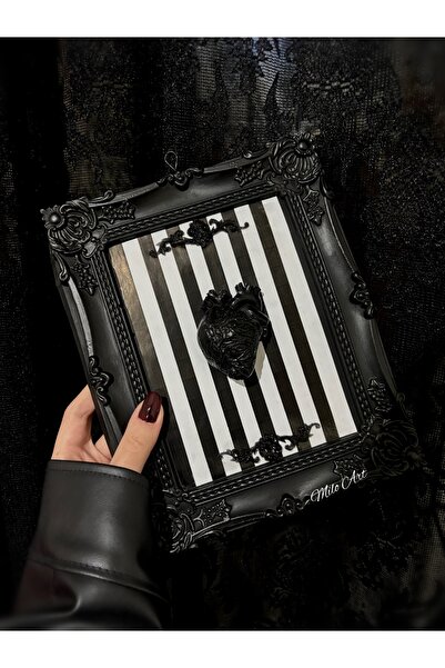 Milo Art El Yapımı 3D Kalp Figürlü Siyah Dikdörtgen Çerçeve Beton Çerçeve Cilalı