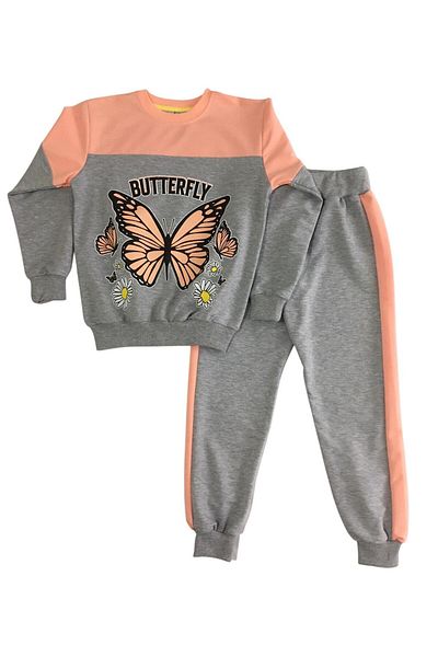 Arya Nisa Kids Girls' Raised Orange Butterfly Butterfly Long Sleeve Tracksuit Set with Stripe Sides