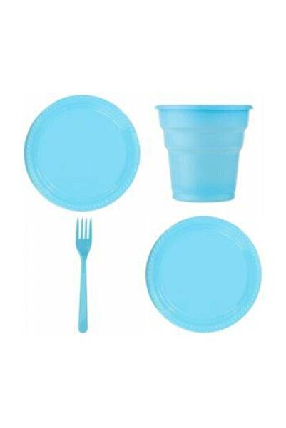 14Süs Mavi Renk 25 Li Plastik Bardak+catal+tabak
