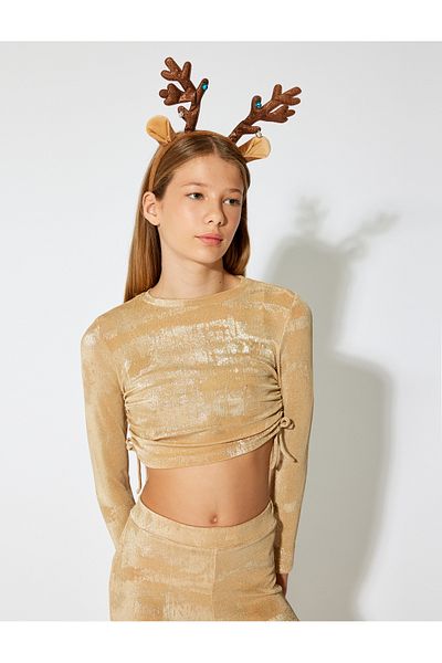 Koton Crew Neck Long Sleeve Shiny Blouse - Side Drawstring Tie up