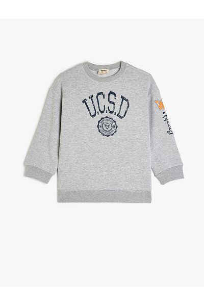 Koton College Printed Long Sleeve Crew Neck Cotton Raised Sweatshirt