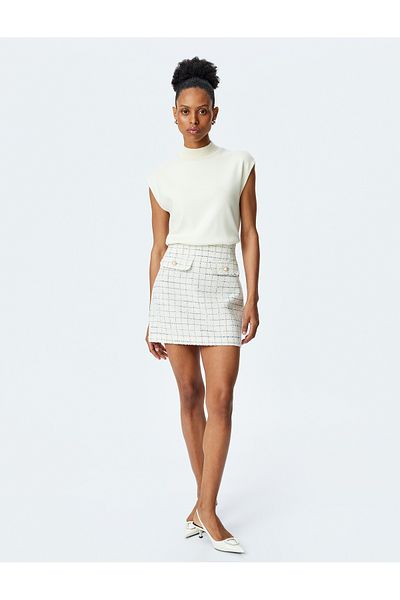 Koton Checkered Button Detailed A-Line Mini Tweed Skirt