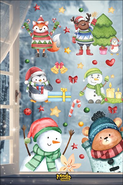 PANDA SOKAĞI Set de autocolante de Anul Nou - Model de bărbat, ursuleț de pluș, pinguin și animale, produs de perete și sticlă