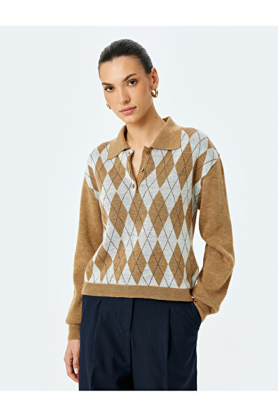 Koton Buttoned Diamond Patterned Polo Collar Knitwear Sweater