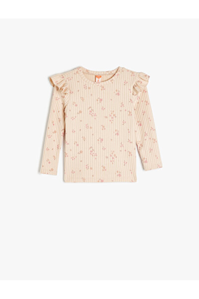 Koton Langärmliges T-Shirt mit Rüschen und Blumenmuster und Rundhalsausschnitt