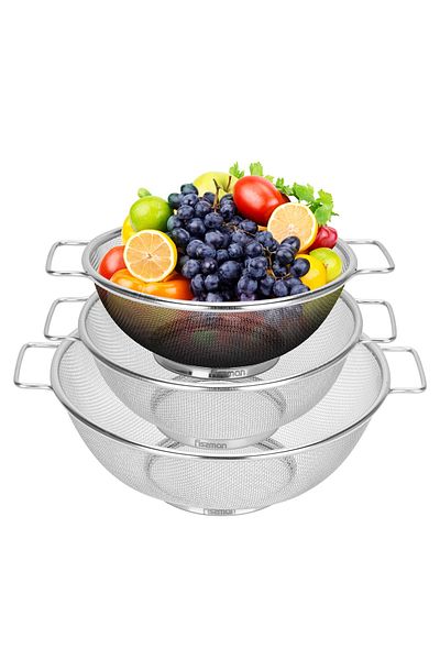 Fissman Strainer Sets with Resting Base - 20cm, 22cm, 26cm - Stainless Steel Strainer with Handle