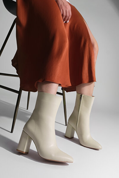 Marjin Жіночі чоботи екрю бічна блискавка овальний носок товстий каблук товстий каблук