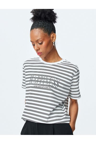 Koton Cotton Crew Neck Short Sleeve Printed Rhinestone Stripe T-Shirt