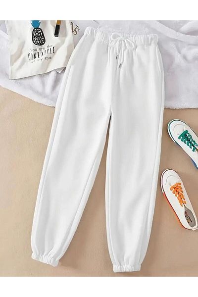 FİTGO Unisex Λευκό Χειμερινό Φλις Φλις Ψηλόμεσο Λαστιχένιο Πόδι Φούτερ