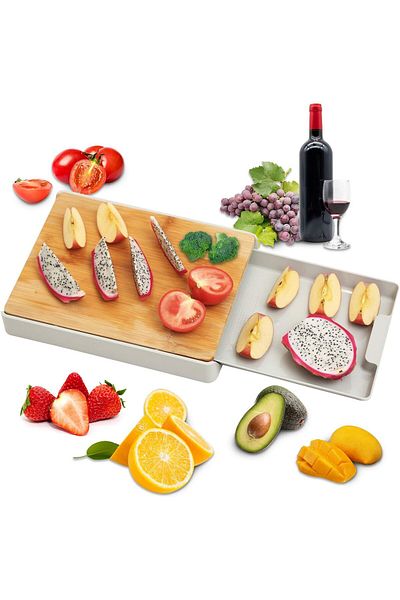 COOYA Cutting Board with Storage Tray,Wooden Multi-Function Pull-Out,Anti-Skid,Hangable,Grey