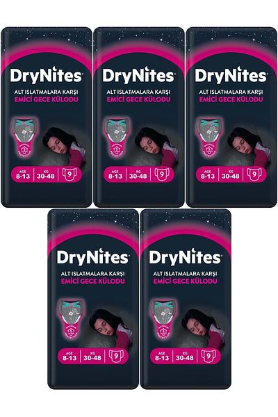DryNites Absorbent Night Panties for Girls Ages 8-13 - 30-48kg, Large 45 Pieces 5Pk*9 Against Bottom Soaking