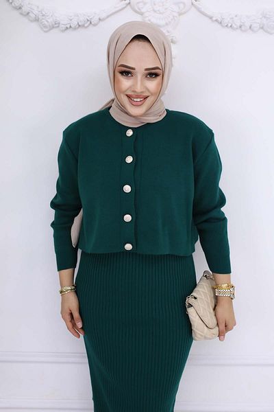 benguen Emerald Green Knitwear Set - Button Detail, Gilet 3064