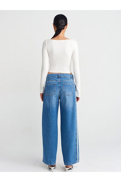 Dilvin 71755 Model - Blue Balloon Cut Denim Trousers with Side Stripe