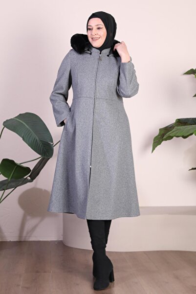 Ferace Γυναικείο παλτό μεγάλου μεγέθους με κουκούλα και γούνινο φερμουάρ