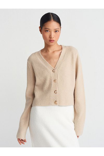 Dilvin 60273 V-Neck Knitwear Cardigan - Dark Beige, Buttoned