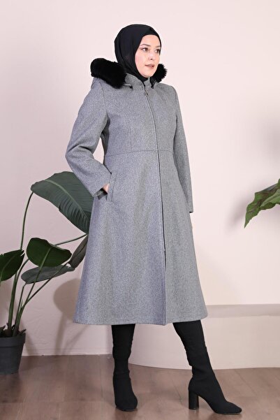 Ferace Γυναικείο παλτό μεγάλου μεγέθους με κουκούλα και γούνινο φερμουάρ