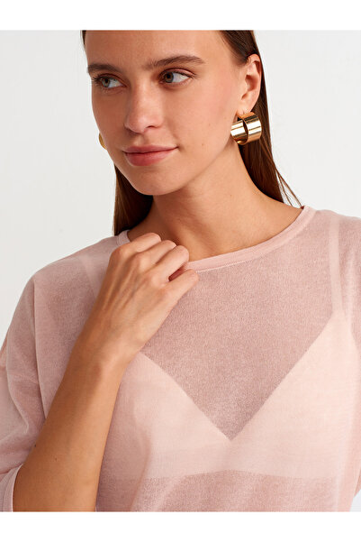 Dilvin 10550 Bisiklet Yaka Kısa Kol Transparan Bluz-Pudra