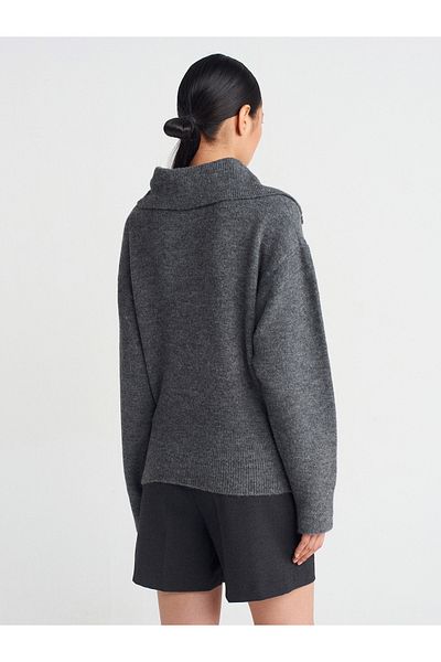 Dilvin 10679 Polo Neck Buttoned Knitwear Sweater-Smoked