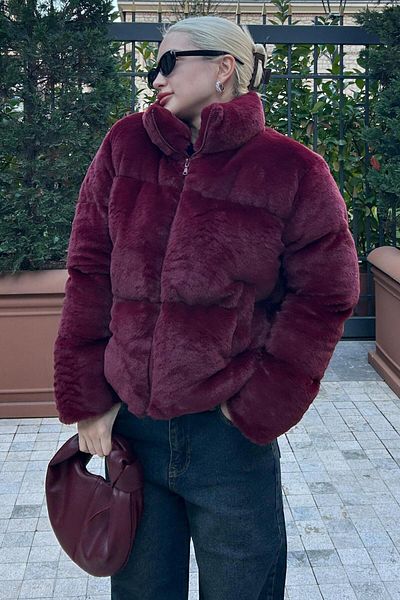 Madmext Burgundy Stand Collar Women's Fur Coat Mg2259