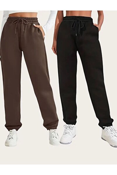 FİTGO Γυναικείο μαύρο καφέ φούτερ με φλις εσωτερικά και λαστιχένιο παντελόνι ...