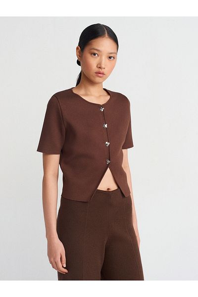 Dilvin 60293 Crew Neck Buttoned Knitwear Cardigan-Brown