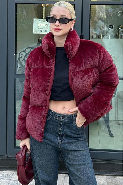 Madmext Burgundy Stand Collar Women's Fur Coat Mg2259
