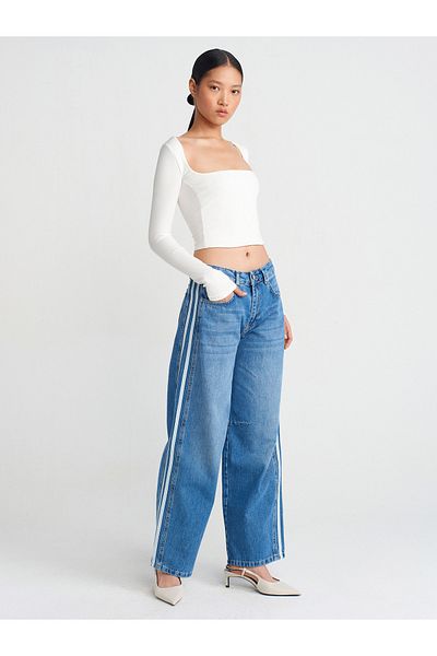 Dilvin 71755 Model - Blue Balloon Cut Denim Trousers with Side Stripe