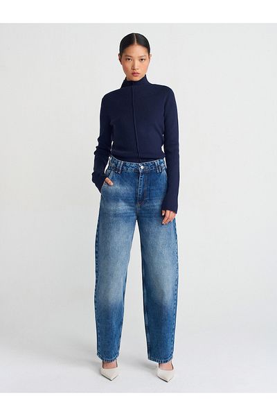 Dilvin 71756 Model - Baloon Cut Denim Trousers, Tint Color