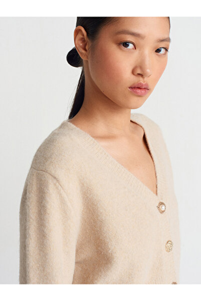Dilvin 60273 V-Neck Knitwear Cardigan - Dark Beige, Buttoned