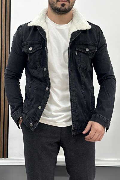 Edwox سترة رجالية بقصة ضيقة وجيب من الفرو وأزرار من قماش الدنيم باللون الدخان...