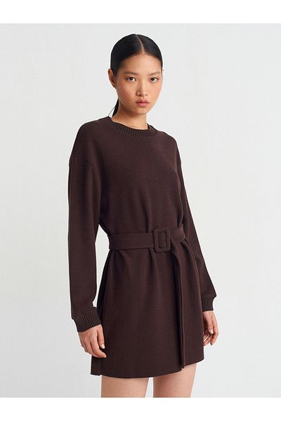Dilvin 91335 Model - Brown Soft Belt Dress