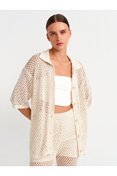 Dilvin 60231 Πόλο Γιάκα δαντελωτή πλέξη Πλεκτά Ζακέτα-εκρού