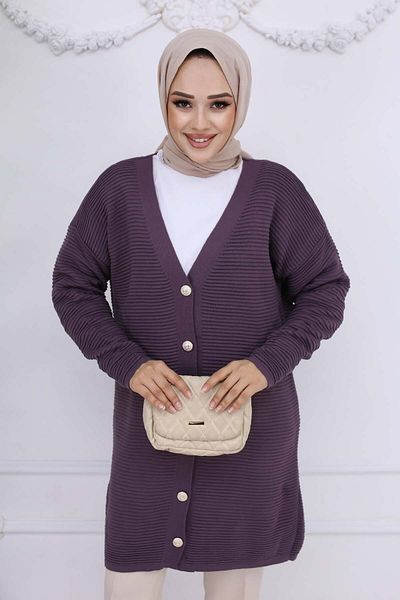 giyze Button Detailed Corded Cardigan Plum 3091