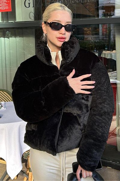 Madmext Black Stand Collar Women's Fur Coat Mg2259
