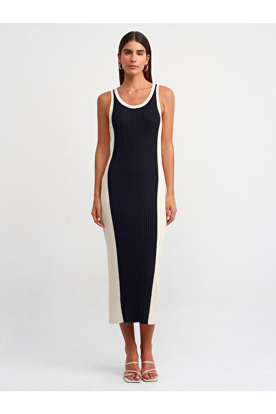 Dilvin 90198 okrugla kragna Rebrasto Prugasto Pletena haljina -Black-Cream