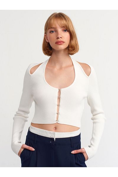Dilvin 60188 Italian Knitwear Cardigan with Sleeve Front Slings-ecru