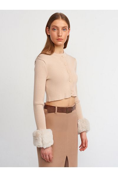 Dilvin 60202 Tricotaj Functional Furry Crop Cardigan-bej