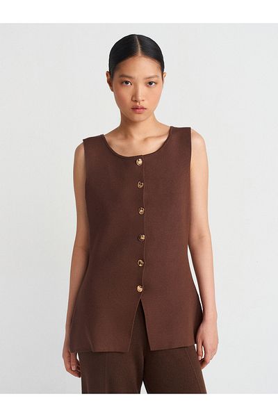 Dilvin 60291 Crew Neck Buttoned Knitwear Vest-Brown