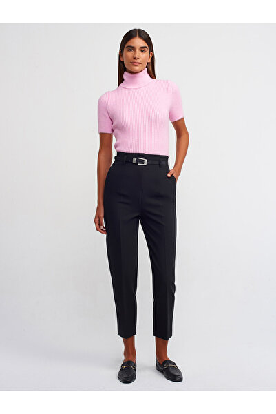 Dilvin 10487 Pulover crop cu mânecă scurtă cu guler întreg, cu nervuri, roz