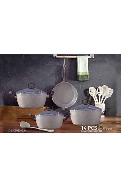 drobina Turkish granite cookware set consisting of 14 pieces Ellie grey glass