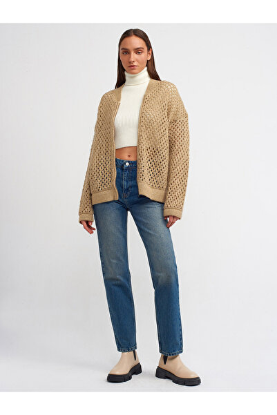 Dilvin Ajurat 60193 Model Bej-Auriu Tricotaj Cardigan cu fermoar
