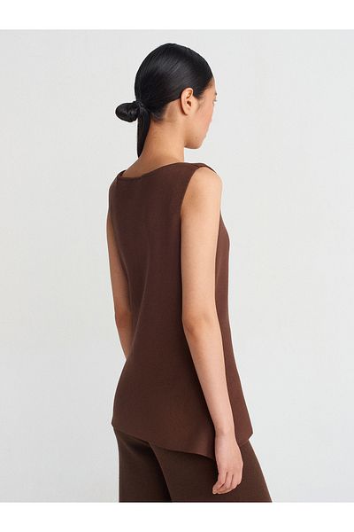Dilvin 60291 Crew Neck Buttoned Knitwear Vest-Brown