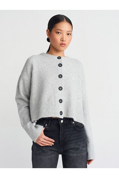Dilvin 60280 Stand Collar Buttoned Soft Textured Slit Knitwear Cardigan-Gray