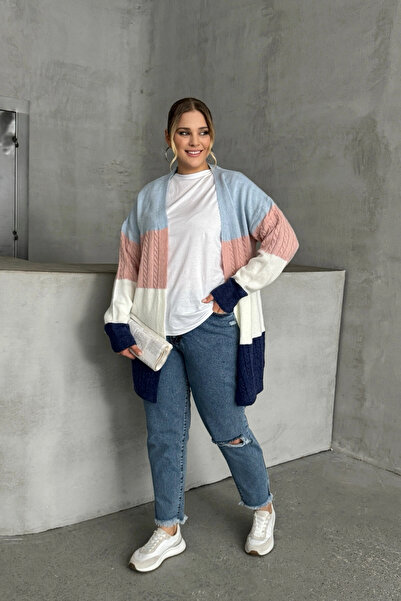 Stil Diva Large Size Long Sleeve Closure Front Color Block Knitwear Cardigan 302147